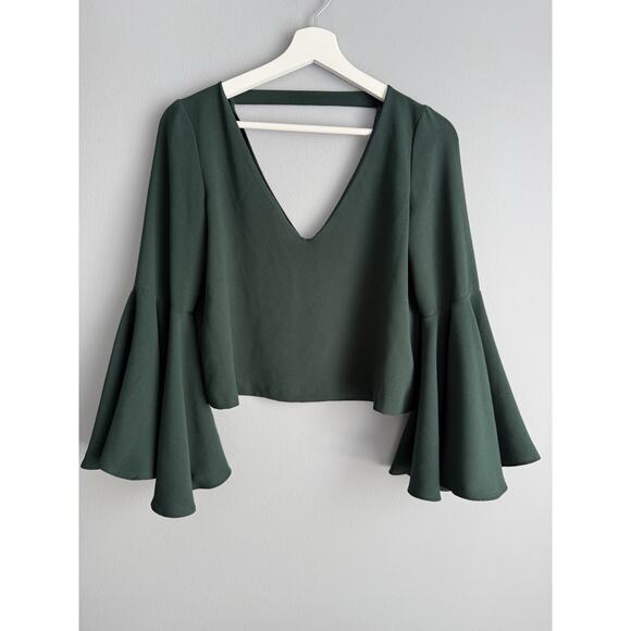 Zara Tops - ZARA Dark Green Bell Sleeve Crop Top V Neck Boho Minimalist Blouse Size S Chic